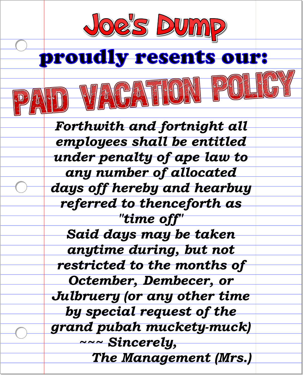 Joe's Dump: Paid Vacation Policy