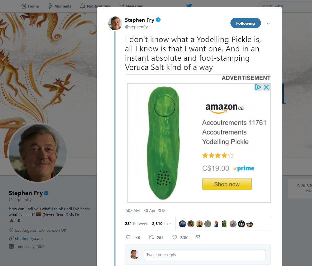 Yodeling Pickle - Stephen Fry Tweet 20180430